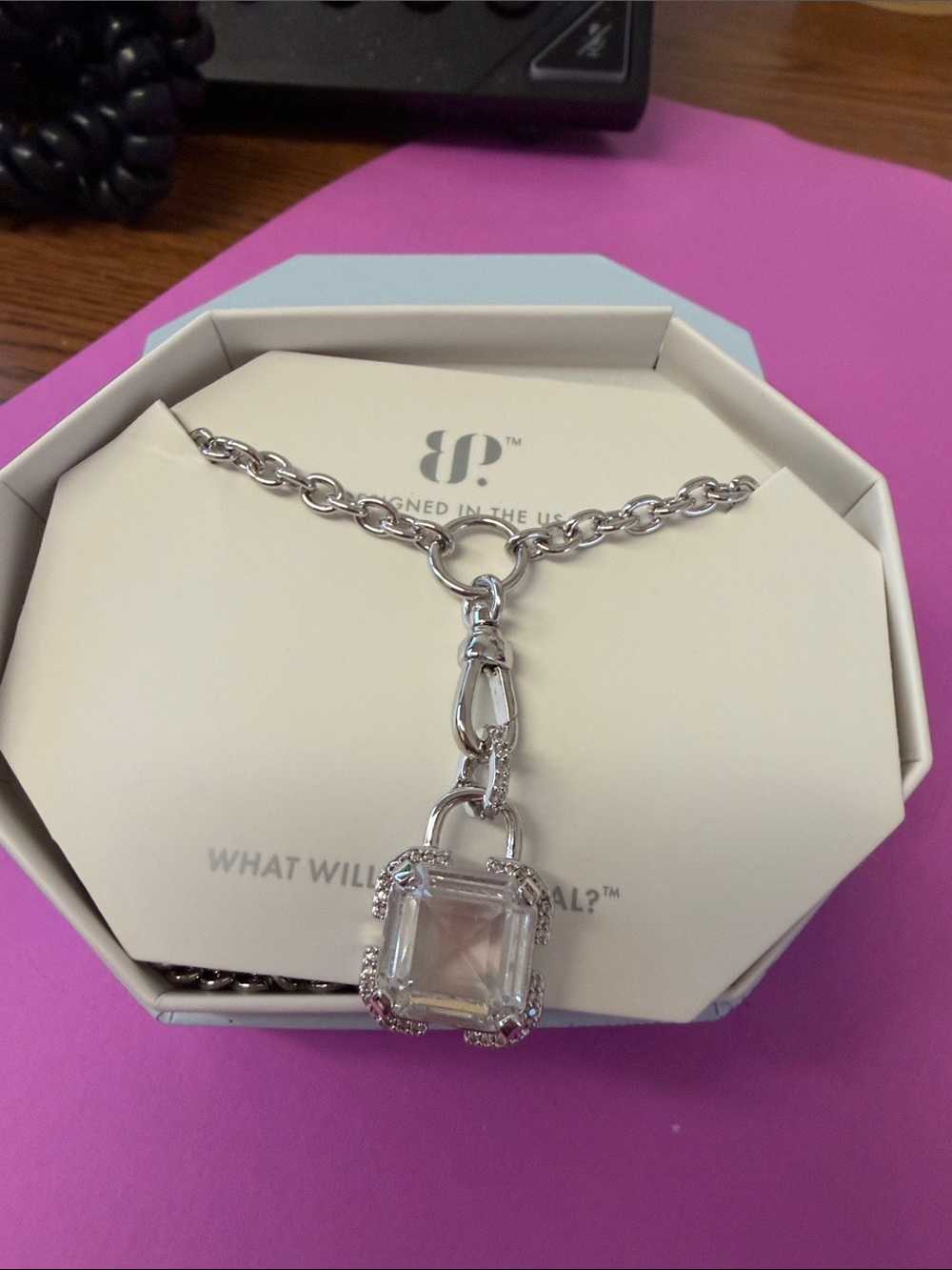 Bomb Party Silver-Tone Pendant Necklace with Clear Square Crystal